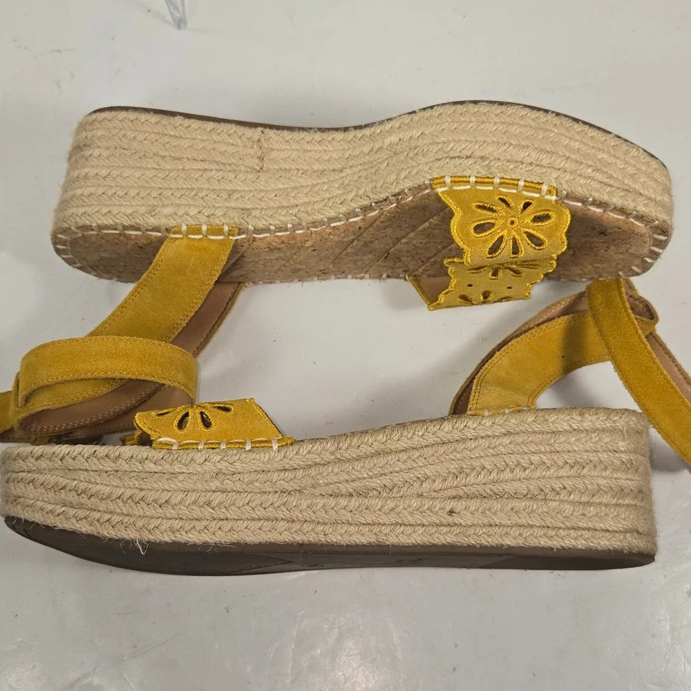 Crown Vintage Mustard Yellow Leather Floral Espadrille Platform Sandals 9.5M